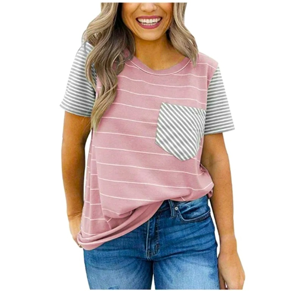 Ceasikery Women's Pink Striped Pocket T-Shirt Short Sleeve Boyfriend Blouse!